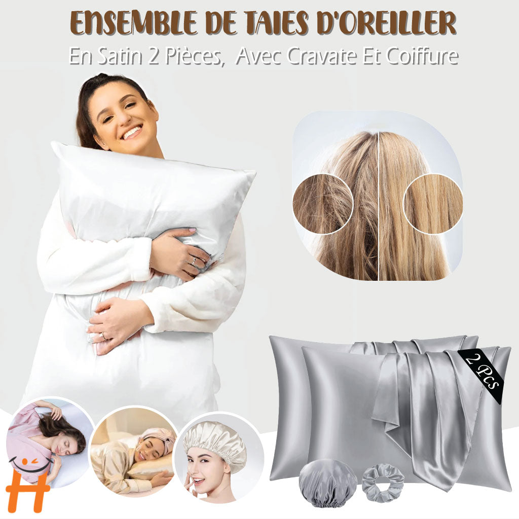 Ensemble De Taies D'oreiller En Satin 2 Pièces Avec Bonnet En Satin